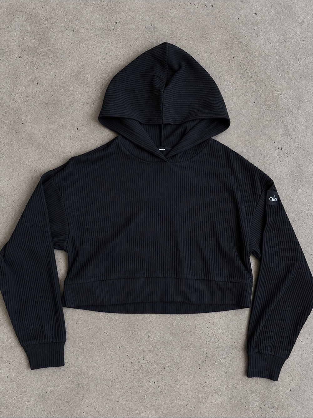 ALO Yoga Black Ribbed Cropped Hoodie